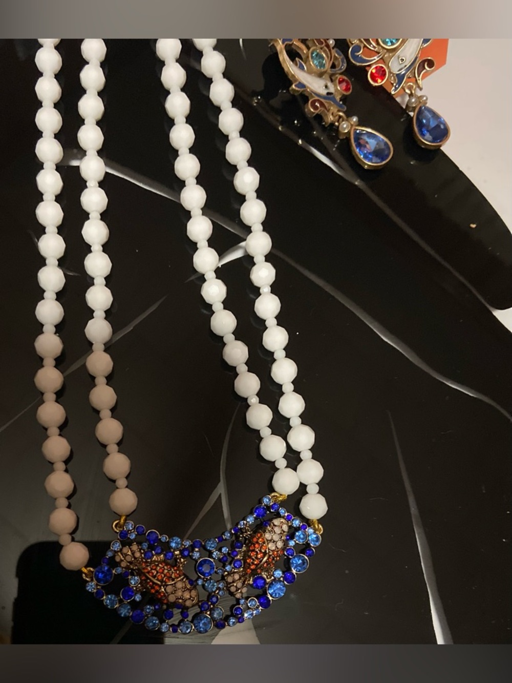 Designer Beaded White Necklace with goldfish design and whale earrings